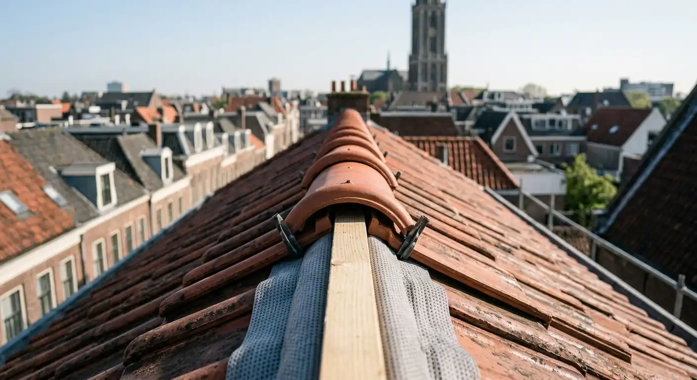 Nok van een dak volledig opnieuw gezet in Tuindorp, Utrecht
