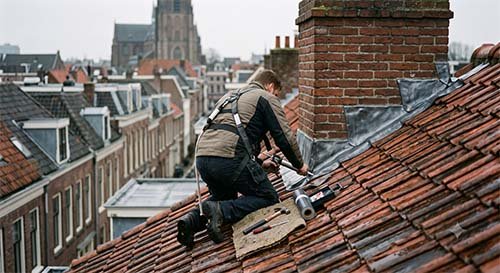 Dakdekker spoort een daklekkage op en dicht het lek op een hellend dak